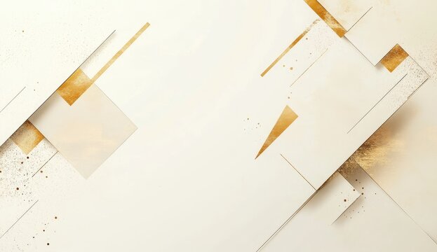 Abstract, layered composition of light beige/cream shapes, with scattered gold/bronze accents