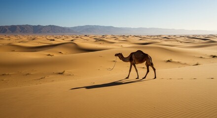 Photo Camel Walking On Sandy Desert Landscape Under Sunlight
