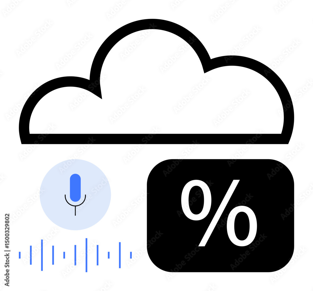Poster cloud representation with microphone and sound waves for voice control plus percentage symbol for da