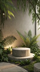Obraz premium Stone podium surrounded by ferns and tropical plants creating a natural display for product presentations and serene zen like botanical backgrounds