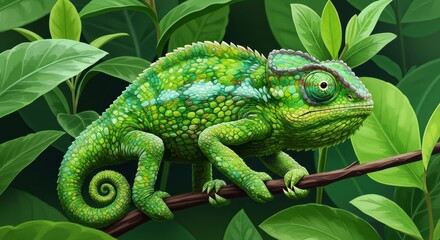 Photo Illustration of Green Chameleon on Branch with Leafy Background