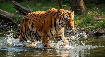 Photo of a Bengal Tiger Walking Through Water with Orange Fur and Stripes