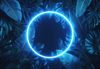 Neon circle frame amid dark tropical leaves