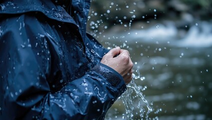 Person in a dark blue waterproof jacket, hands splashing water from it, by a stream