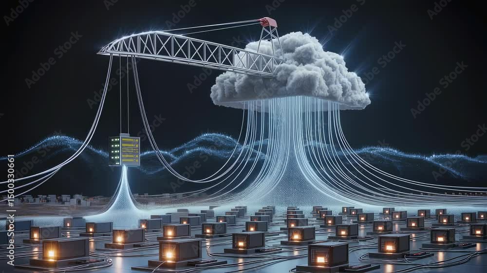 Poster futuristic crane lifting server rack into digital cloud, transferring data to illuminated server far