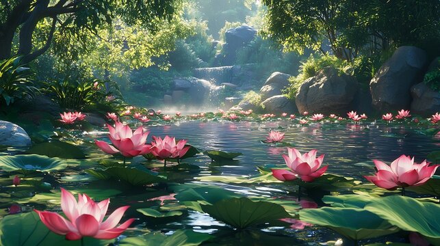 Sacred Lotus Nelumbo nucifera blooming a tranquil pond large round leaves and majestic pink flowers rising above water peaceful Zen garden atmosphere