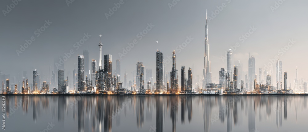 Poster smart workflow optimization a stylized skyline with tall buildings reflecting on calm water under a 