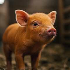 Fototapeta premium Photo of A Cute Baby Pig with Orange Fur and Focused Eyes in Barn
