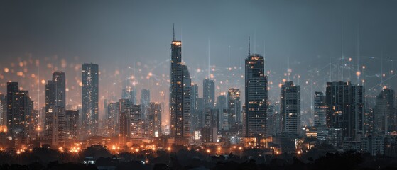Obraz premium Smart Workflow Optimization Urban skyline at dusk with illuminated buildings and a digital network overlay.