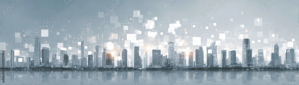 Poster smart workflow optimization futuristic city skyline with digital elements and reflections on water.