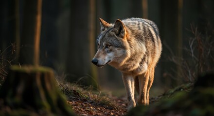 Fototapeta premium Photo Of a Gray Wolf in a Forest Environment with Sunlight and Blurred Background