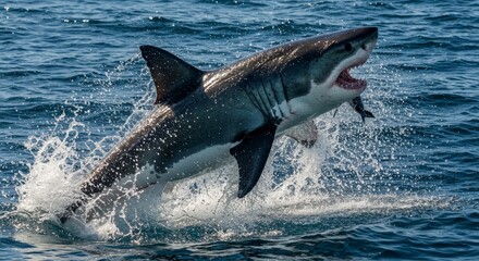 Fototapeta premium Photo of a Great White Shark Leaping Out of Blue Ocean Water