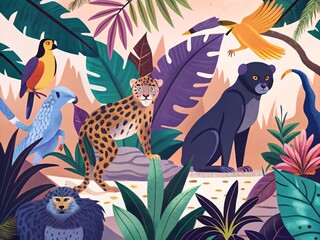 Illustration of a leopard, black panther, colorful birds, and monkey amidst lush tropical foliage in a vibrant jungle scene