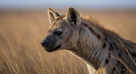 Fototapeta premium Photo Of A Hyena In Profile With Brown Fur And Grass Background In Africa