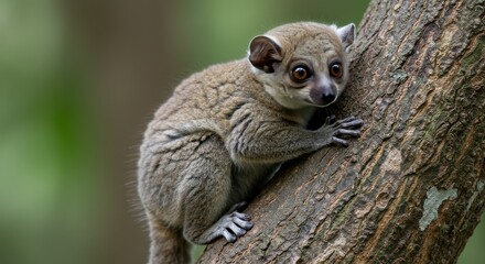 Photo of a Lemur on a Brown Tree Trunk with Green Background and Natural Lighting