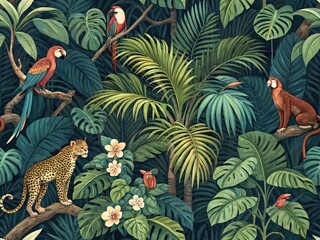 Lush jungle illustration featuring leopard, monkey, and parrots amidst vibrant tropical plants and flowers in a dense, exotic setting