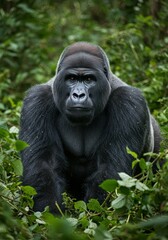 Obraz premium Photo of a Majestic Gorilla in Lush Green Forest Showing Alert Eyes