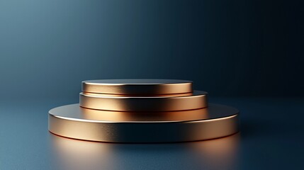 Three bronze cylindrical platforms on a dark background, creating a minimalist display