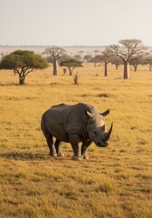 Naklejka premium Photo of a Majestic Rhino Standing in a Golden African Savanna Landscape