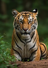 Fototapeta premium Photo of a Majestic Tiger Resting in a Green Forest Environment with Orange Fur
