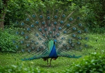 Obraz premium Photo of a Peacock Displaying Feathers with Green Background