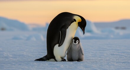 Obraz premium Photo of a Penguin and Chick Standing on Ice Under Orange Sunset Sky