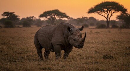 Obraz premium Photo of a Rhino Standing in African Savanna at Sunset with Golden Light