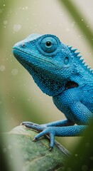 Fototapeta premium Photo of a Stunning Blue Lizard with Textured Scales and Green Foliage