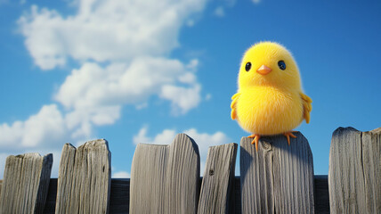 Cute 3D Yellow Chick Sitting on Wooden Fence with Bright Blue Sky in the Background (7)