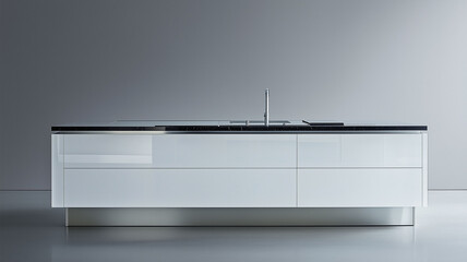 Elegant Modern Kitchen Featuring a White Island with Glass Base and Black Granite Countertop (3)