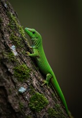 Fototapeta premium Photo of a Vibrant Green Lizard Climbing a Moss Covered Tree Trunk