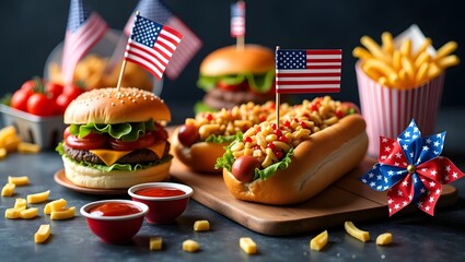 Patriotic American BBQ: Burgers, Hot Dogs, and Fries with Flags