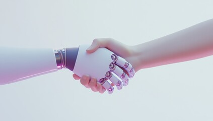 A white robot hand shakes hands with a human hand.  A digital rendering of a futuristic handshake against a soft pastel background.  The robot and human hands are light pastel white/pink
