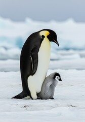 Obraz premium Photo of an Adult Penguin with its Chick on an Ice Covered Surface