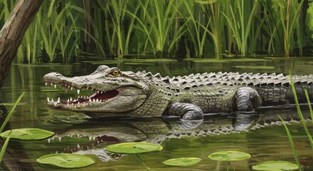 Fototapeta premium Photo of Alligator in Swamp with Green Water and Lily Pads