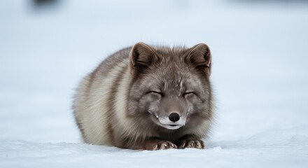 Fototapeta premium Photo of an Arctic Fox Resting in Snow with Closed Eyes and a Fluffy Coat