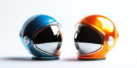 Two glossy space helmets, blue and orange, facing each other