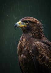 Obraz premium Photo Of An Eagle In The Rain Showing Its Brown Feathers Profile And Green Background