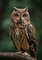 Fototapeta premium Photo of an Owl Perched on a Branch with Brown Feathers and Green Background