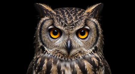 Fototapeta premium Photo Of An Owl's Intense Gaze With Bright Orange Eyes On Black Backdrop