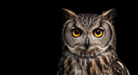 Obraz premium Photo of an Owl With Yellow Eyes and Brown Feathers on Black Background