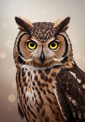 Obraz premium Photo of an Owl with Yellow Eyes and Brown Feathers on a Bokeh Background