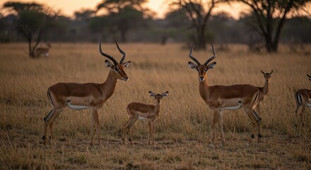 Naklejka premium Photo of Antelope Herd Grazing on the Grassland at Sunset in Africa