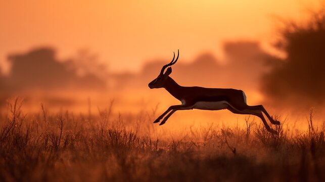 Silhouette of blackbuck Antilope cervicapra leaping in a dry Indian grassland at sunrise natural habitat clean nature scene