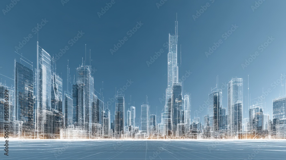 Poster smart workflow optimization futuristic skyline illustration with towering buildings against a clear 