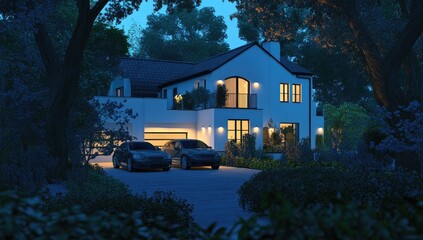 Modern house at dusk, nestled in trees