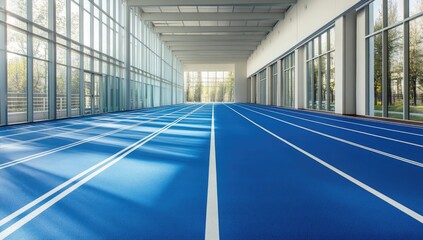 Indoor running track with large windows. Sunlight streams through the glass walls, casting shadows on the blue track