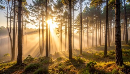 Obraz premium Forest sunrise with sunbeams piercing the fog