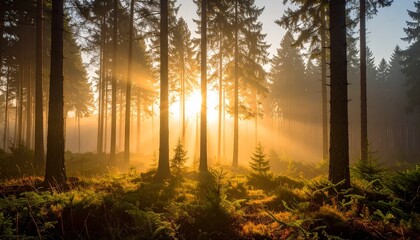 Obraz premium Golden sunlight piercing forest canopys mist