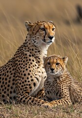 Photo of Cheetah Mother And Cub Sitting In Golden Grassland